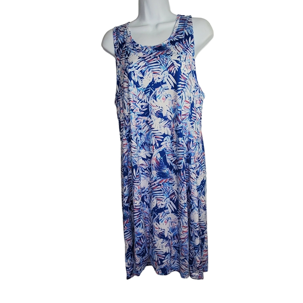 REEL LEGEND Sleeveless Stretch Dress Cutout Back Palm Tree Sz L Red White Blue
